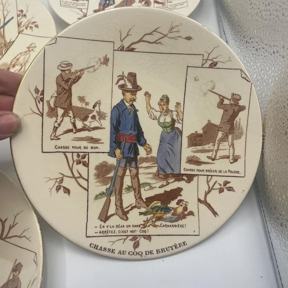 6 U&C faience plates from Sarreguemines hunt French humor funny hunting comedy